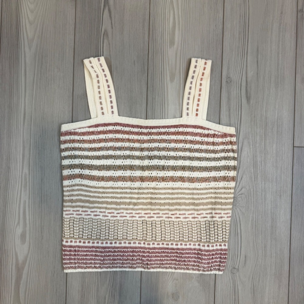 St. John Sport Knit Tank Top Wool Blend Striped Pointelle White Multi Large NWT